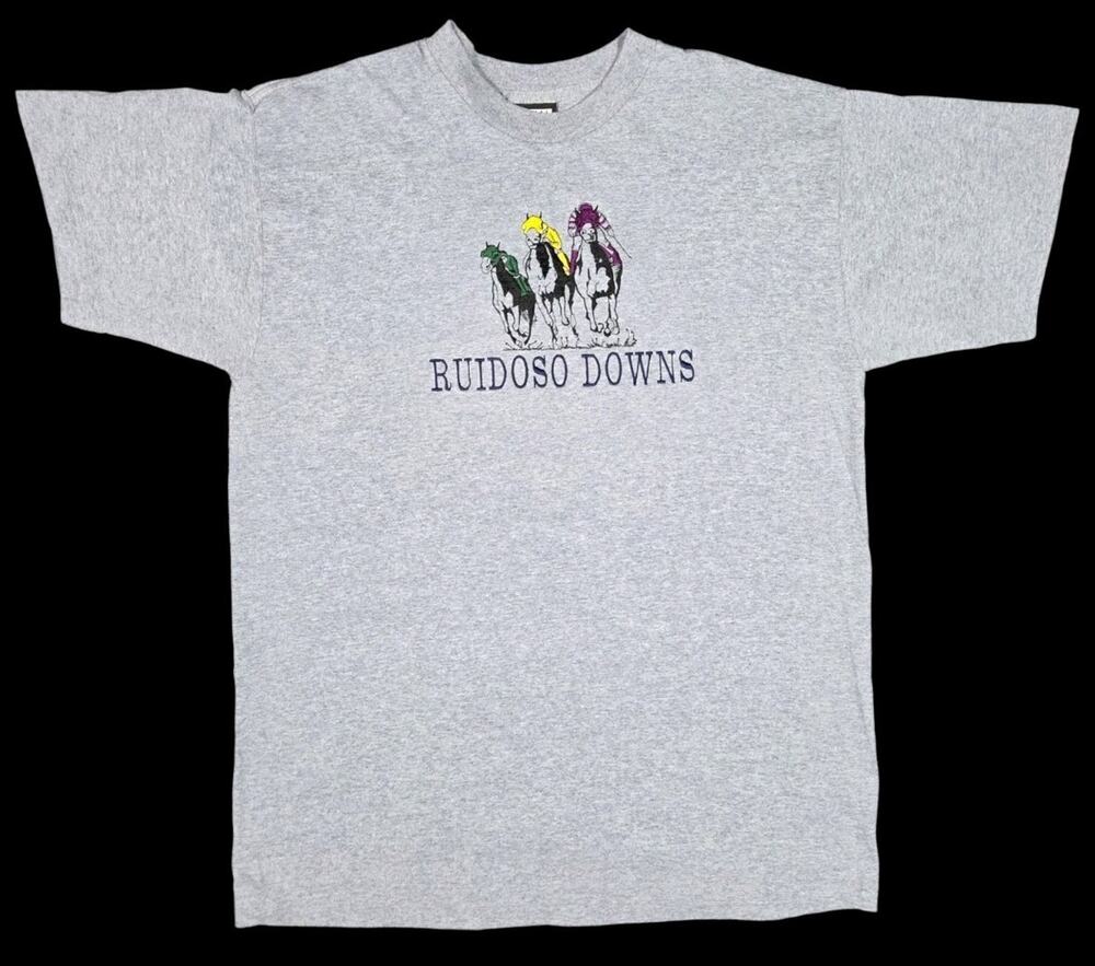 Vtg Ruidoso Downs Embroidered T-Shirt Horse Racing Large USA Gray Single Stitch